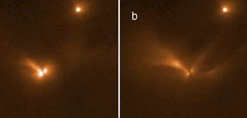 Objekt LRLL 54361 zachycený ve dvou různých fázích světelného pulzu Hubbleovým teleskopem. Vpravo nahoře je další mladá hvězda.