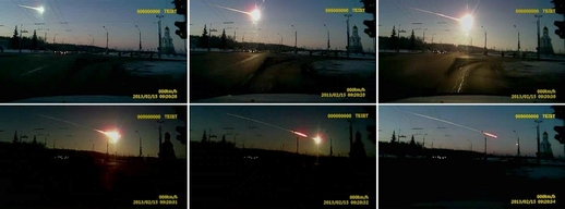 Série záběrů videokamer zachycující metority nad Uralem.