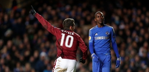 David Lafata se raduje z vedoucího gólu Sparty na hřišti Chelsea.