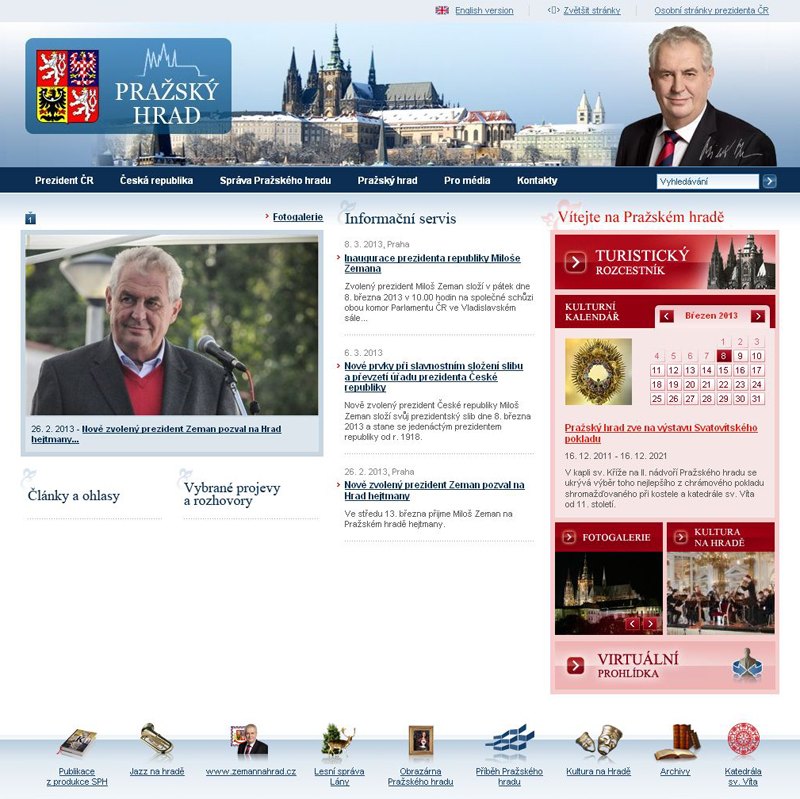 V pátek ráno se změnily webové stránky Pražského hradu. Fotografie Václava Klause vystřídaly snímky Miloše Zemana. (Foto: ČTK)