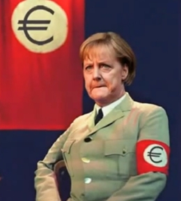 Merkelová jako strážkyně eura, nástroje Němců na podmanění Evropy.