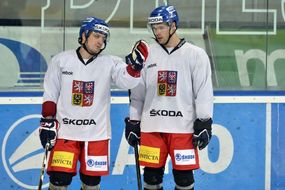 Útočníci Petr Koukal (vlevo) a Michal Vondrka (vpravo) na prvním tréninku české hokejové reprezentace před MS ve Stockholmu, ke kterému se hráči sešli 18. března v Praze.