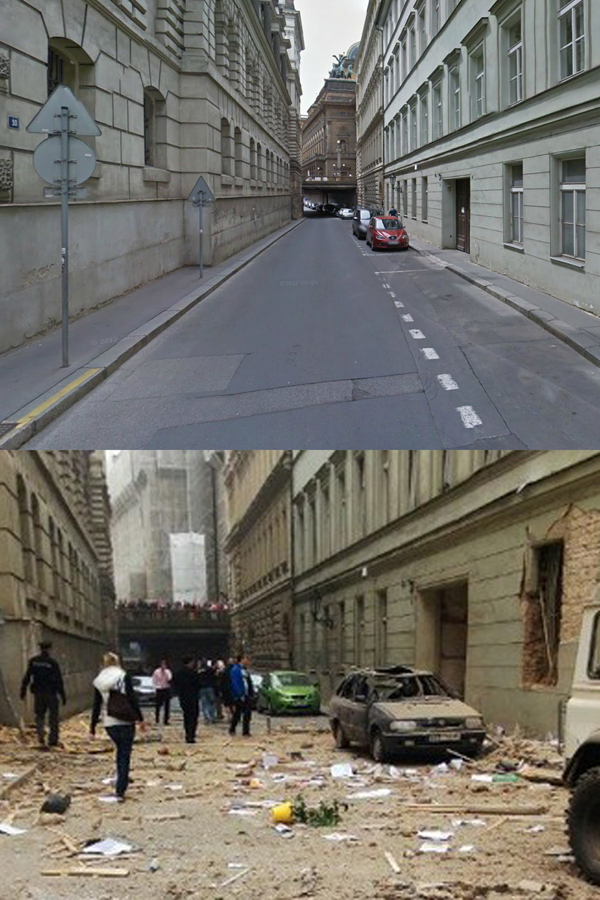 Srovnání: Divadelní ulice před výbuchem a po něm. (Foto: ČTK)