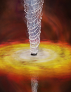 Další supertěžká černá díra která vysává plyn ze svého okolí. Část ho ale i katapultuje do prostoru rychlostí blízkou rychlosti světla.