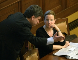Vicepremiérka Karolína Peake v rozhovoru s ministrem spravedlnosti Pavlem Blažkem.