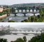 Pohled na Vltavu z Letné (nahoře na archivním snímku ze 17. května 2003, dole na snímku z 3. června 2013 při povodni).