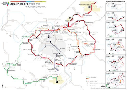 Mapa navrhované sítě Grand Paris Express.