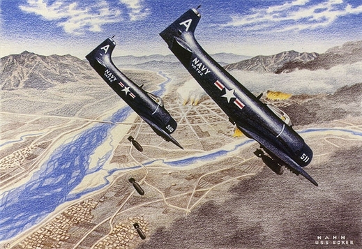 Stroje letky VA-702, USS Boxe bombardují severkorejské cíle v dubnu 1951. Obraz malíře Herberta C. Hahna.