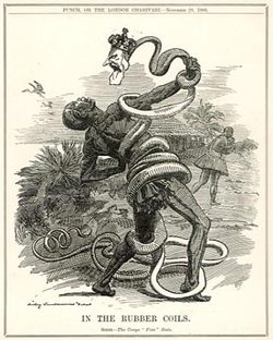Drancování Konga už od koloniálních časů. Na obrázku had s hlavou belgického krále Leopolda II., který měl Kongo v soukromém vlastnictví. 