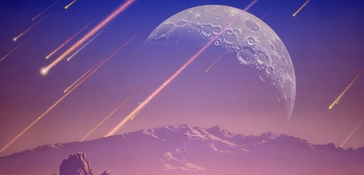 Představa umělce o meteorickém bombardování Země v počátcích sluneční soustavy. Měsíc na pozadí naznačuje, že povrch obou těles formovaly zpočátku podobné události.