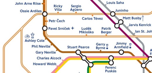 Na mapě londýnského metra se objevují jména českých fotbalistů.
