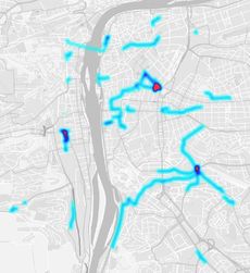 Takto vypadá tepelná mapa v praxi. Je vidět, že nejvíce se slepci pohybují u Anděla a na trase z Václavského náměstí do Krakovské ulice.