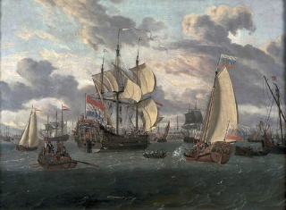Jachta Petra Velikého směřuje k holandské lodi Pieter en Paul. Obraz malížře Abrahama Storcka. 