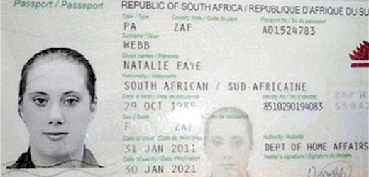 Zřejmě falešný jihoafrický pas "bílé vdovy".