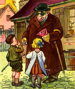 Žid dává árijským dítkám sladkosti a láká je, aby šli s ním. Propaganda z knihy Der Giftpilz (Jedovatá houba).