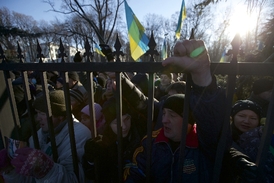 Demonstranti před parlamentem v Kyjevě.