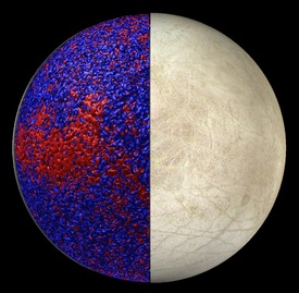Počítačová simulace výměny tepla v oceánu Europy. Čím červenější barva, tím teplejší voda.
