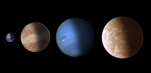Srovnání planet GJ 436b a GJ 1214b se Zemí a Neptunem.