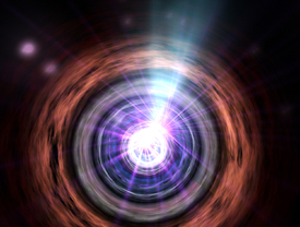 Záření gama vydává hmota padající do černé díry v jádru vzdálené galaxie.