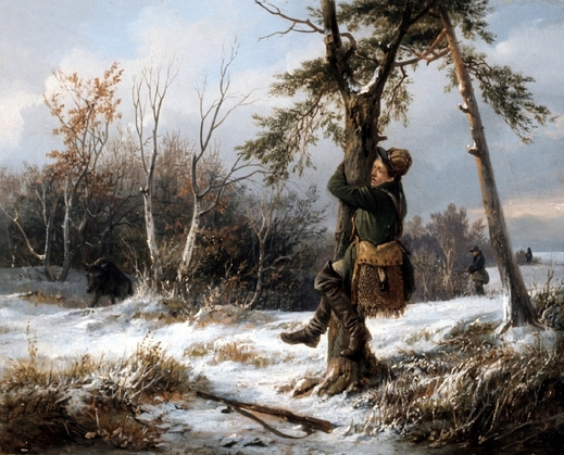Divočák vzbuzuje už po tisíciletí respekt, i u lovců. Obraz z 19. století.
