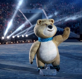 Medvěd, jeden z maskotů olympijských her v Soči.