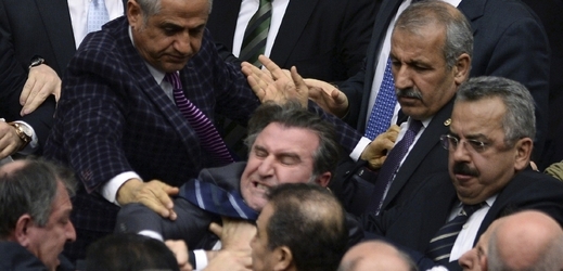 Turečtí vládní a opoziční poslanci se 15. února 2014 kočkují v parlamentu.