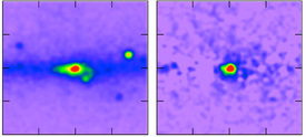 Tajmené záření gama ze středu naší Galaxie. Vlevo stav před odečtení známých zdrojů záření, vlevo po něm.