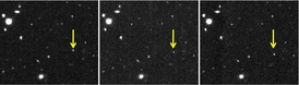 Tři snímky nové planetky z roku 2012. Časový rozdíl mezi nimi je dvě hodiny.