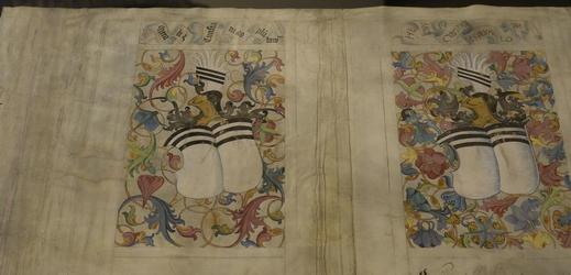 Z nové výstavy (na snímku zemské desky, obal olomoucké knihy pana Heralta z Kunštátu z roku 1490).