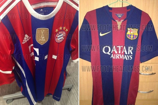 Najděte deset rozdílů. Vlevo dres Bayernu, vpravo trikot Barcelony.