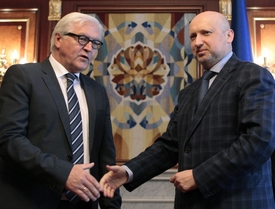 Německý ministr zahraničí Frank-Walter Steinmeier pomohl jednání uspořádat. Na snímku s úřadujícím ukrajinským prezidentem Oleksandrem Turčynovem.