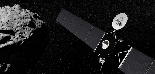 Ilustrace sondy Rosetta a komety ke které se chce přiblížit.