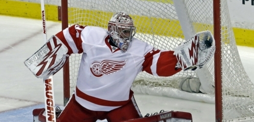Hokejový brankář Petr Mrázek v dresu Detroitu.