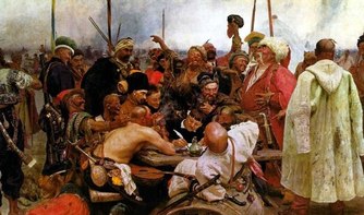 Obraz Ilji Repina: Záporožští kozáci píší dopis tureckému sultánovi (ilustrační obrázek).