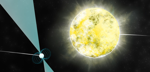 Studený bílý trpaslík obíhající neutronovou hvězdu v představě kreslíře.