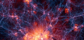 Síť z temné hmoty obklopená viditelnou hmotou ve výstupu počítačového modelu.