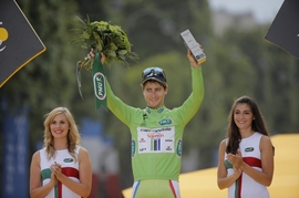 Peter Sagan na Tour de France v zeleném trikotu pro nejlepšího spurtera.