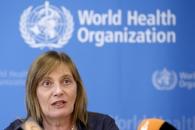 Zástupkyně generální ředitelky WHO Marie-Paule Kienyová na panelu s médii o lékařské etice a výzkumu experimentální léčby proti ebole.