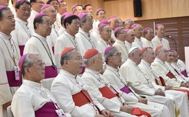 Setkání papeže s korejskými biskupy v Soulu.