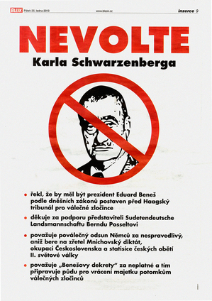 Inzerát zaměřený proti Karlu Schwarzenbergovi.