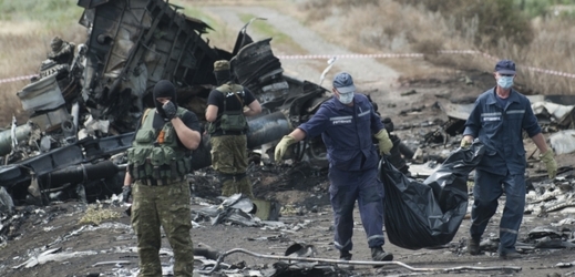 Ukrajinští záchranáři na místě letecké tragédie, 20. červenec 2014.