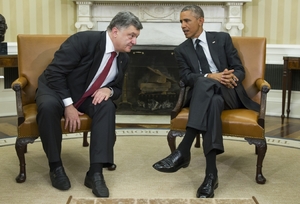 Prezident Porošenko a prezident Obama v Bílém domě.