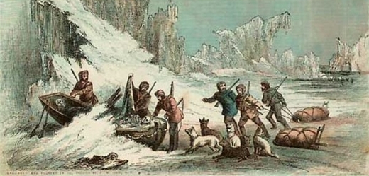 Členové Franklinovy výpravy na cestě za záchranou (fantazie malíře).