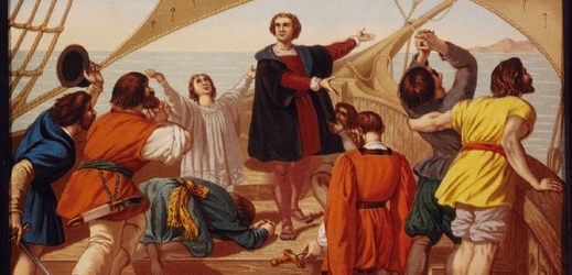 Vyobrazený Kryštof Kolumbus na lodi Santa María poprvé vidí Nový svět.