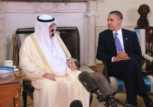Prezident Obama a saúdský král Abdalláh v Bílém domě.
