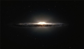 Představa umělce, jak by naše Galaxie vypadala ze strany. Je zkreslená, poněvadž mléčná dráha by se nejspíš jevila několikanásobně plošší.