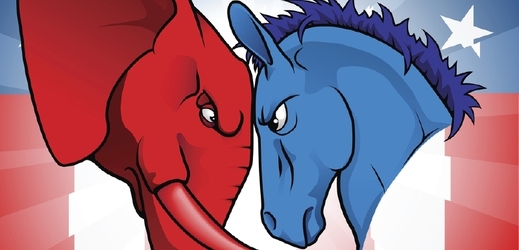 Slon, znak republikánů, versus osel, znak demokratů.