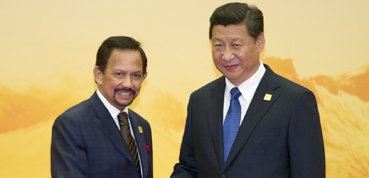 Brunejský sultán Hassanal Bolkiah (vlevo) si potřásá rukou s čínským prezidentem Si Ťin-pching během vítacího ceremoniálu schůzky APEC.
