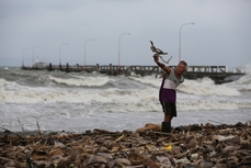 Muž uklízející dřevo z pláže po přehnání tajfunu.