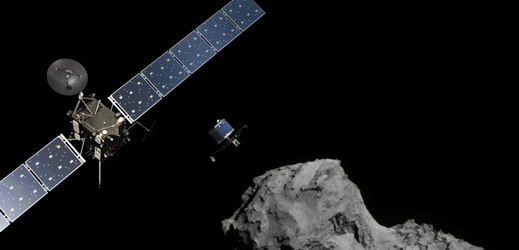 Sonda Rosetta nad kometou v (nerealistické) představě umělce. Povšimněte si klesajícího modulu Philae.  